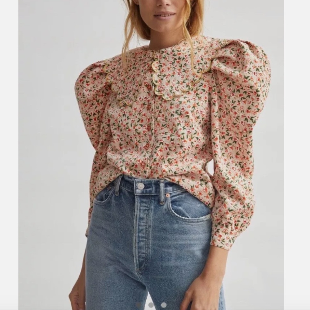 Celia B Top Large Virginia Corduroy Floral Cropped Scallop Puff 3/4 Sleeves